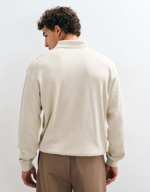 New Look poloshirt met lange mouwen en wafelstructuur in beige, 4 van 5