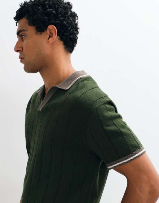 New Look Poloshirt mit Kontrastabschlüssen in Dunkelkhaki, 2 von 5