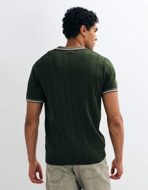 New Look Poloshirt mit Kontrastabschlüssen in Dunkelkhaki, 4 von 5