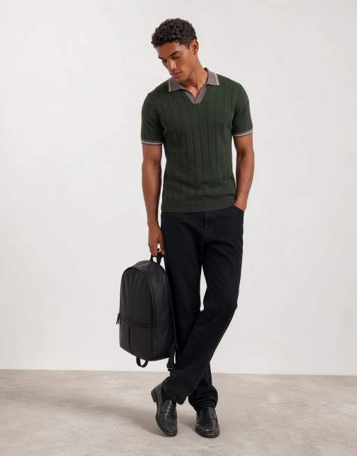 New Look Poloshirt mit Kontrastabschlüssen in Dunkelkhaki, 6 von 9