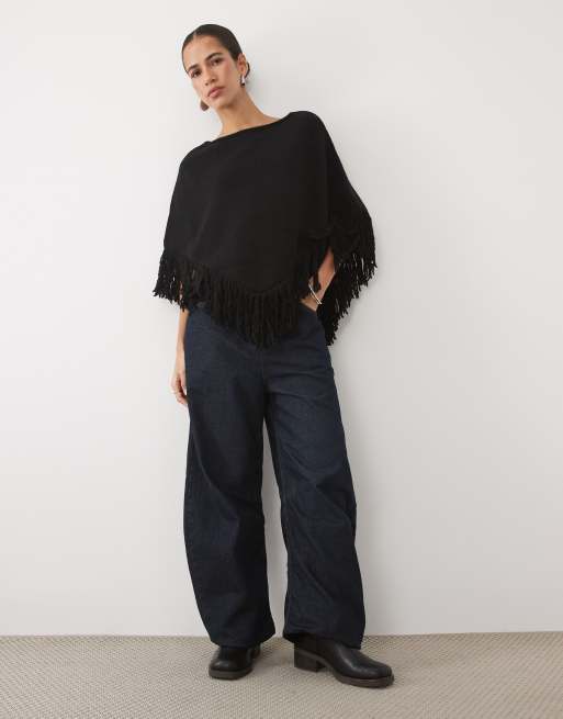 New Look poncho en maille à franges noir, 2 de 4