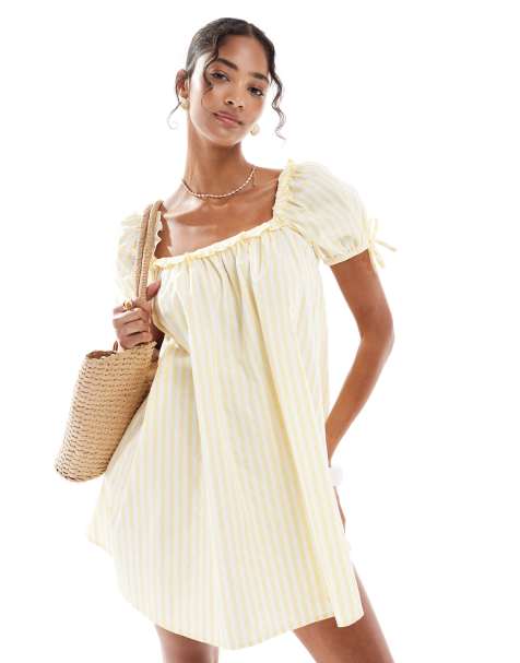 New Look – Popeline-Minikleid in Gelb mit Streifen und eckigem Ausschnitt - view 1