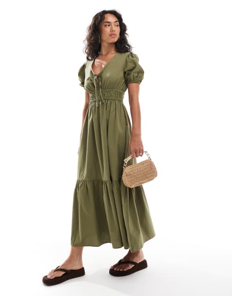 New Look poplin midi dress in khaki - view 1