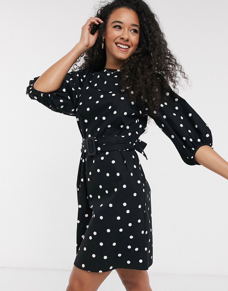 New Look - Poplin mini-jurk met stippen en ceintuur-Zwart