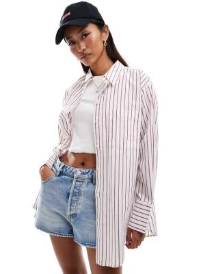 New Look New Look poplin shirt in burgundy stripe-Red