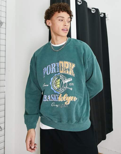 New Look Portland splice print sweatshirt in dark green