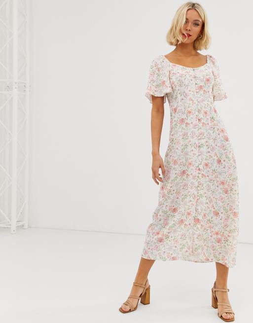 New Look – Prairie-Midikleid in Weiß mit  Knopfleiste und Blumenmuster