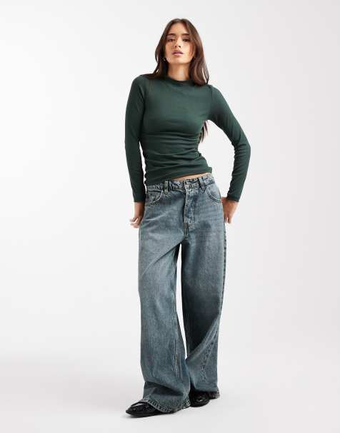 New Look ribbed stand neck long sleeve top in green