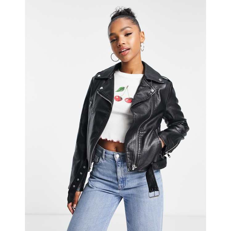 Black Pu Super Cropped Belted Biker Jacket