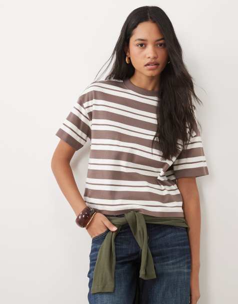 New Look Premium boxy tee in brown stripe - view 1