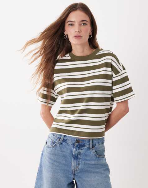 New Look Premium boxy tee in khaki stripe - view 1