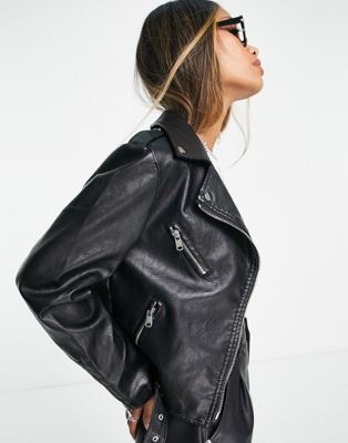 New Look premium faux leather belted biker jacket in black