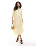 [New Look] New Look premium long sleeve broderie buttoned midi dress in yellow 6 Light Yellow