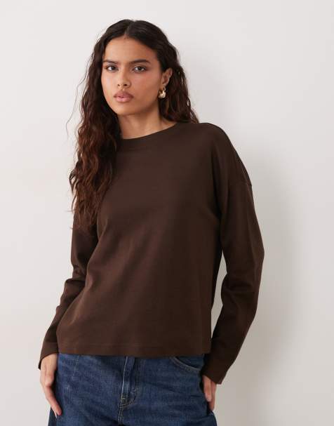 New Look Premium long sleeve oversized tee in dark brown