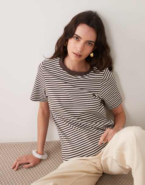 New Look Premium striped girlfriend t-shirt tee in brown & cream - view 1