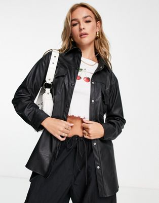 New Look faux leather belted shacket in black