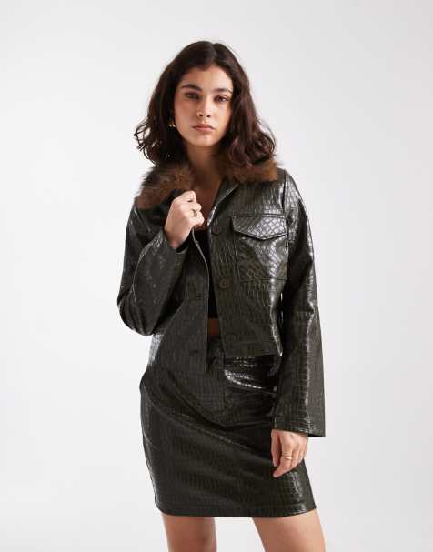 New Look PU croc printed cropped jacket in khaki (part of a set) - view 1