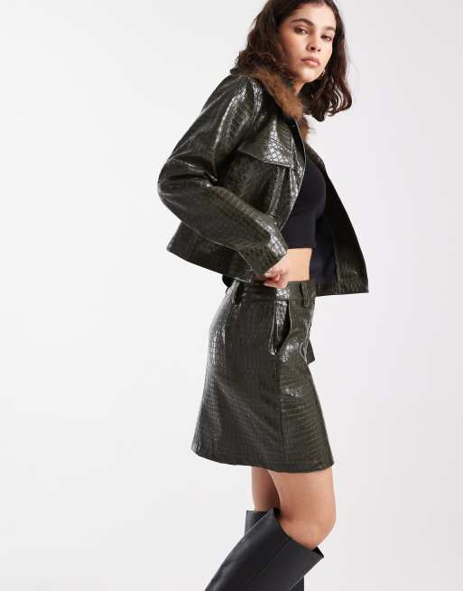 New Look PU croc printed mini skirt in khaki (part of a set), 2 of 5