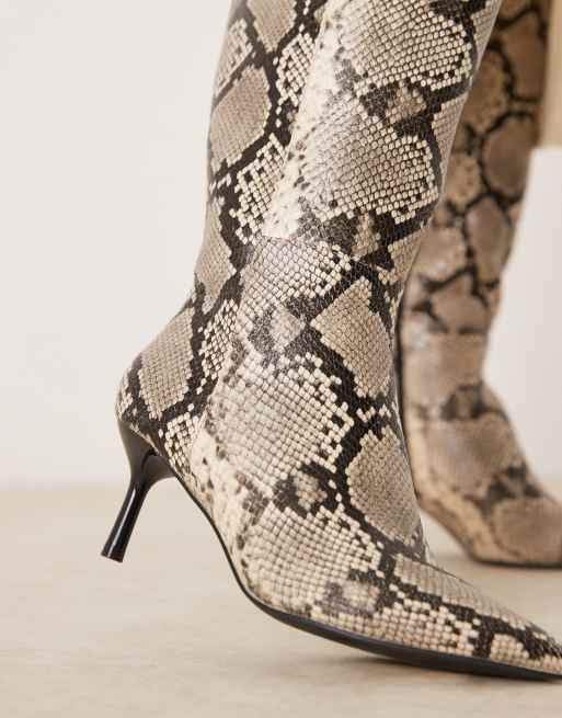 New Look PU heel knee boots in snake print ASOS