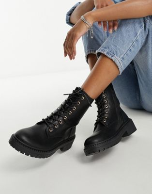New Look PU lace up boot in black - ASOS Price Checker