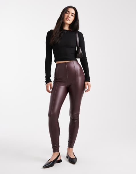 New Look PU leggings in burgundy - view 1