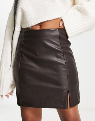 New Look pu mini skirt with slit in dark brown - ASOS Price Checker