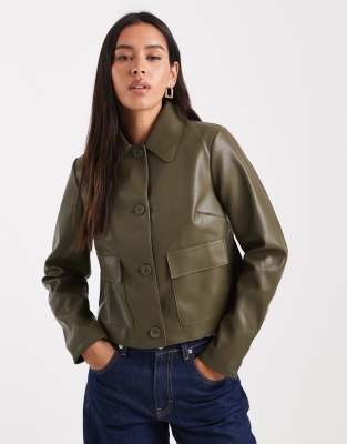 New Look PU patch pocket jacket in khaki-Green