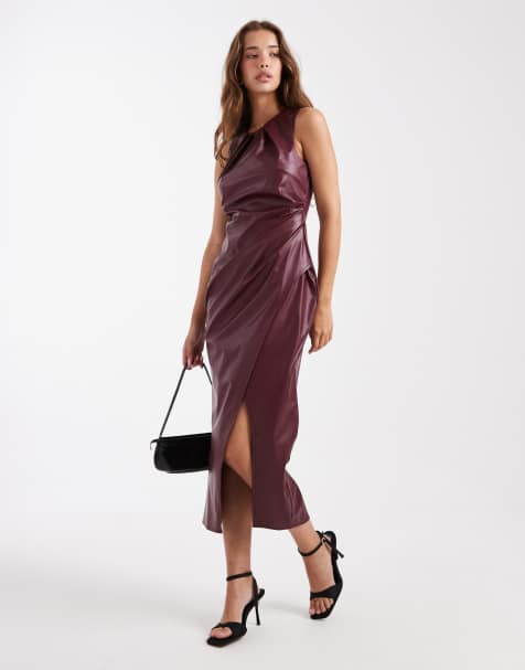 New Look PU ruched wrap midi dress in burgundy - view 1
