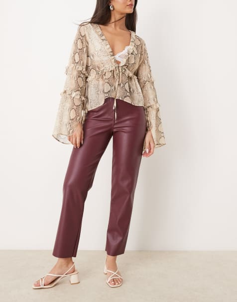New Look PU straight leg trousers in burgundy - view 1