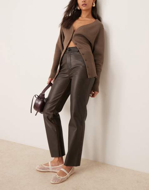 New Look PU straight leg trousers in washed brown