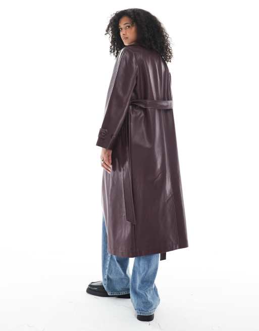 New Look PU trench coat in burgundy, 3 of 4