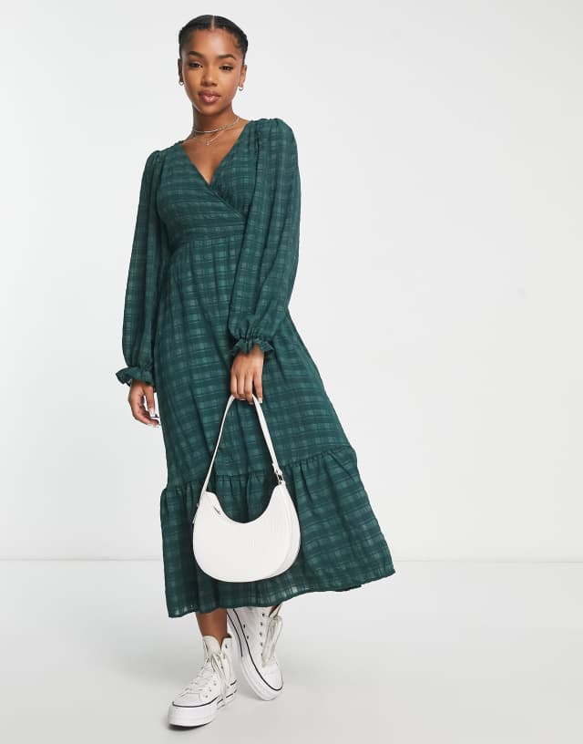 New Look puff long sleeve midi wrap dress in dark green check