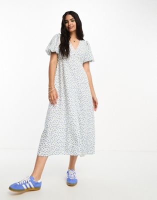 New Look puff sleeve button through linen midi dress in white floral - ASOS Price Checker