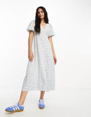 New Look puff sleeve button through linen midi dress in white floral - ASOS Price Checker