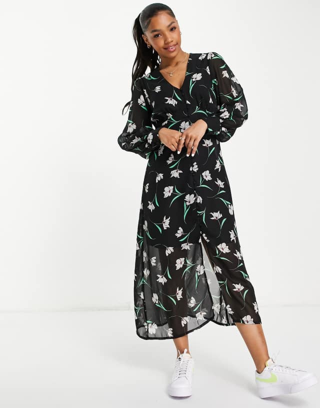 New Look puff sleeve button through midi dress in black floral