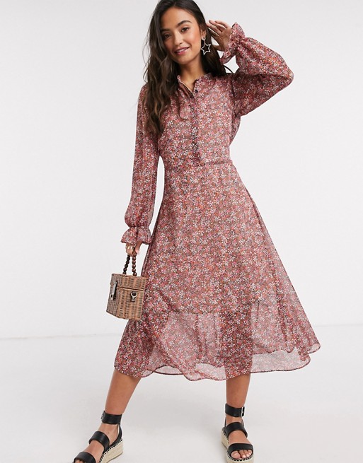 New Look puff sleeve chiffon shirt dress in pink floral