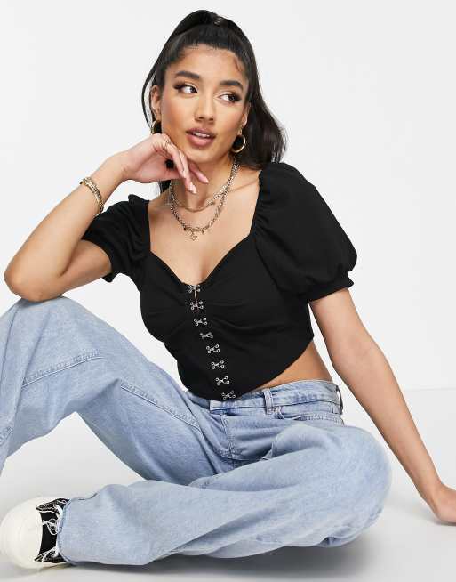 New Look puff sleeve corset top in black | ASOS