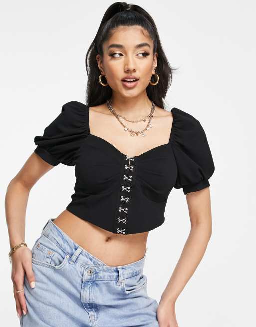 Curves Black Square Neck Short Puff Sleeve Corset Top