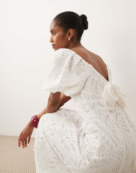 New Look puff sleeve cutork tie back midi dress in white - view 1