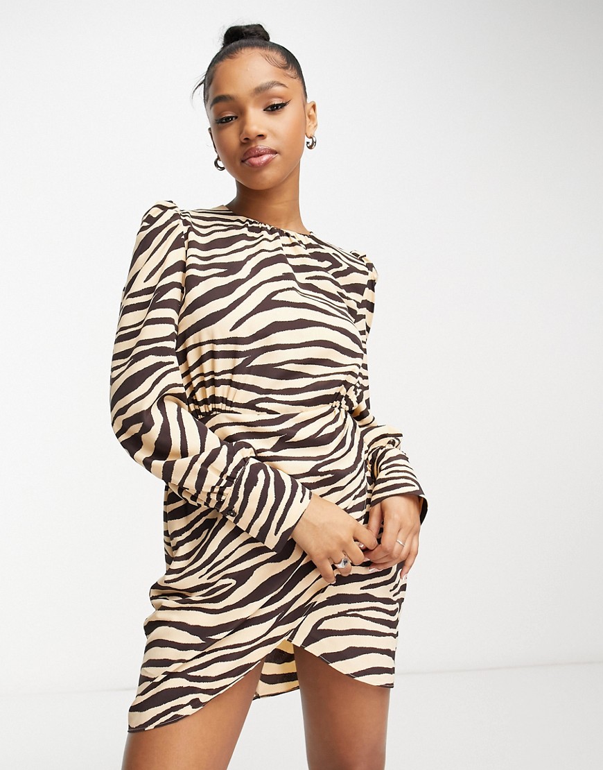 New Look puff sleeve high neck mini dress in brown zebra print