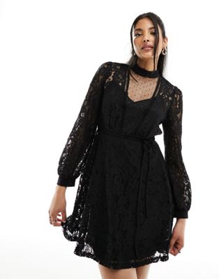 New Look puff sleeve lace mini dress in black