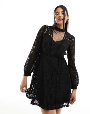 Dark Pine Long Puff Sleeve Lace Mini Dress