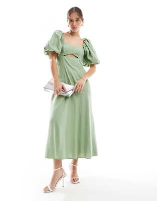 New Look puff sleeve linen cut out midi dress in green