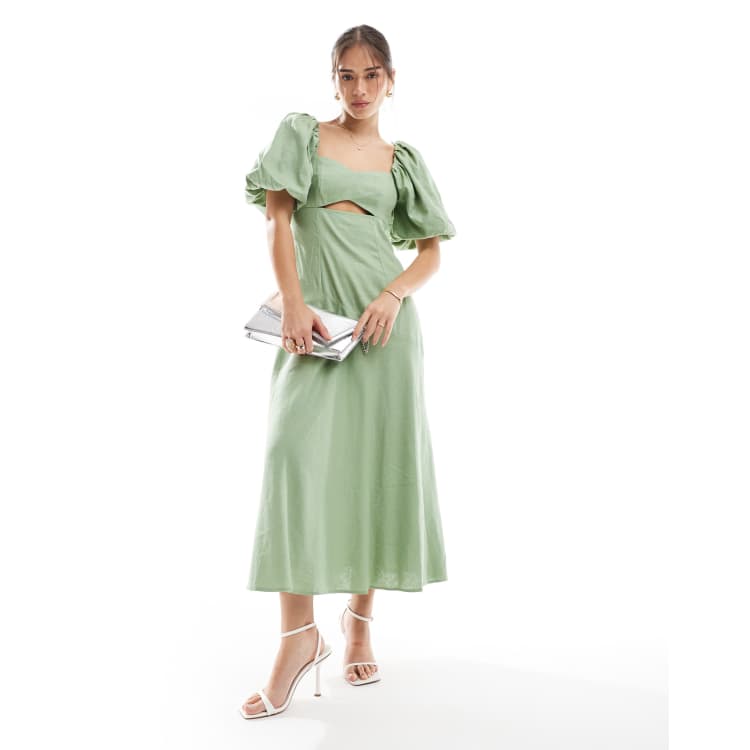 green linen puff sleeve dress Olive Green Linen Midi Dress, Puffed Sleeves & Button Front