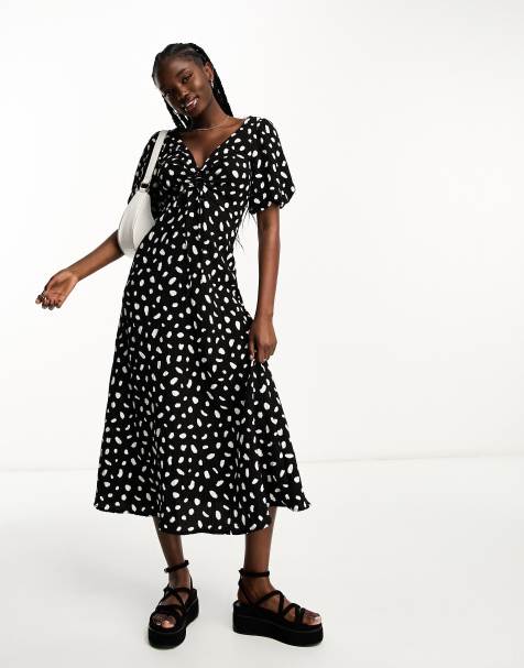 ASOS DESIGN sweetheart neckline ruched waist midi dress with cap sleeves in  black