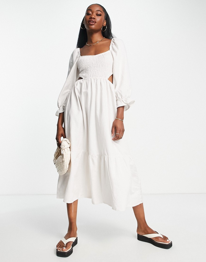 New Look Puff Sleeve Midi Dress With Cut Out Detail In White