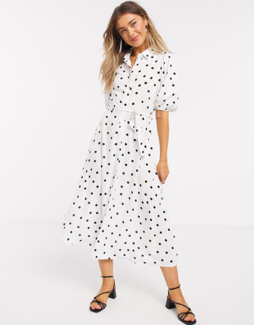 New Look puff sleeve midi shirt dress in white polka dot | ASOS