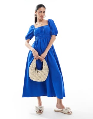 New Look New Look puff sleeve milkmaid dress in blue
