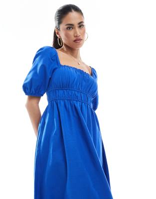 New Look puff sleeve milkmaid dress in blue