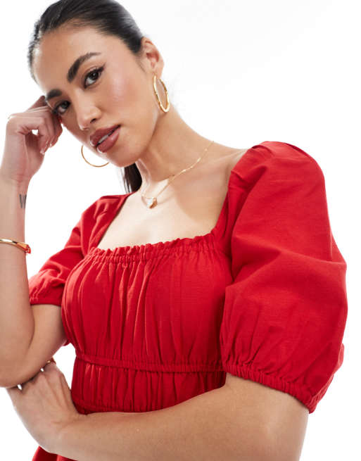 New Look puff sleeve milkmaid dress in red